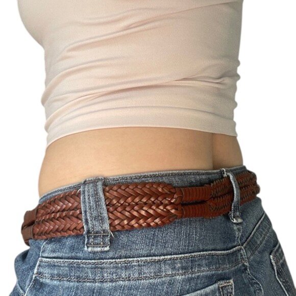 Massimo Dutti Vintage Wide Leather Brown Braided Belt with Gold Round Buckle - Picture 3 of 5